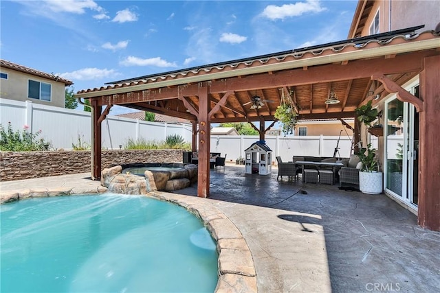 296 Lady Bell Way, Perris, CA 92571 - view of swimming pool featuring ceiling fan, a fenced backyard, a patio area, and a gazebo
