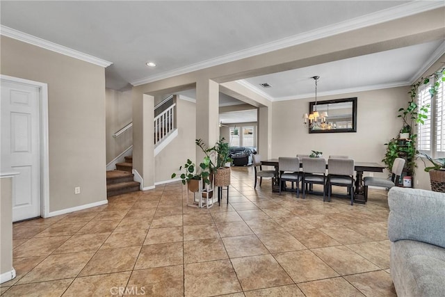 296 Lady Bell Way, Perris, CA 92571 - living area featuring crown molding, a chandelier, stairs, light tile patterned floors, and recessed lighting