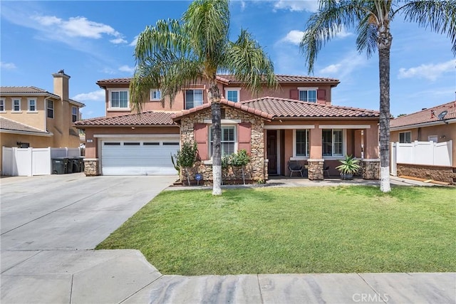 296 Lady Bell Way, Perris, CA 92571 - mediterranean / spanish house featuring stone siding, driveway, stucco siding, a tiled roof, and an attached garage