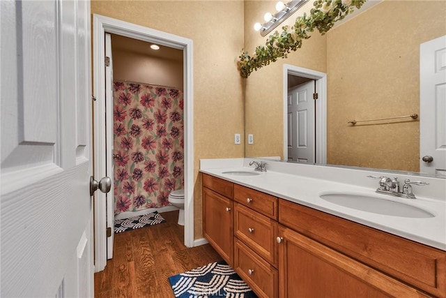 296 Lady Bell Way, Perris, CA 92571 - bathroom with wood finished floors, double vanity, and a shower with curtain