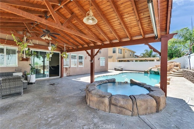 296 Lady Bell Way, Perris, CA 92571 - view of swimming pool featuring a pool with connected hot tub, a patio, a fenced backyard, and a ceiling fan