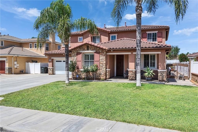 296 Lady Bell Way, Perris, CA 92571 - mediterranean / spanish-style home with stone siding, driveway, stucco siding, and a tile roof