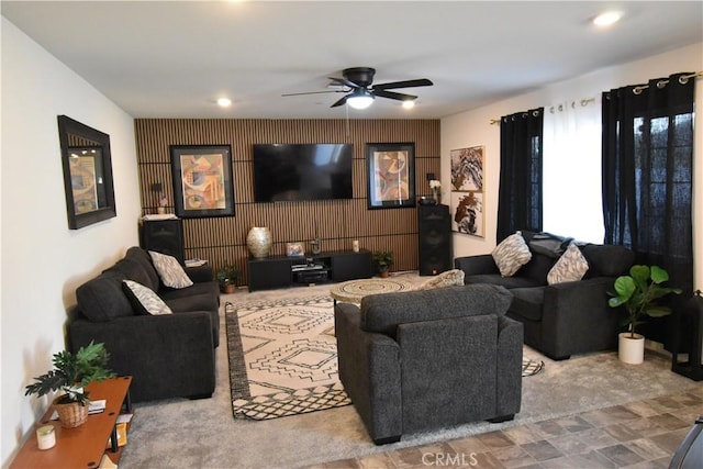 5280 Coyote St, Hemet, CA 92545 - living area featuring a ceiling fan, an accent wall, and recessed lighting