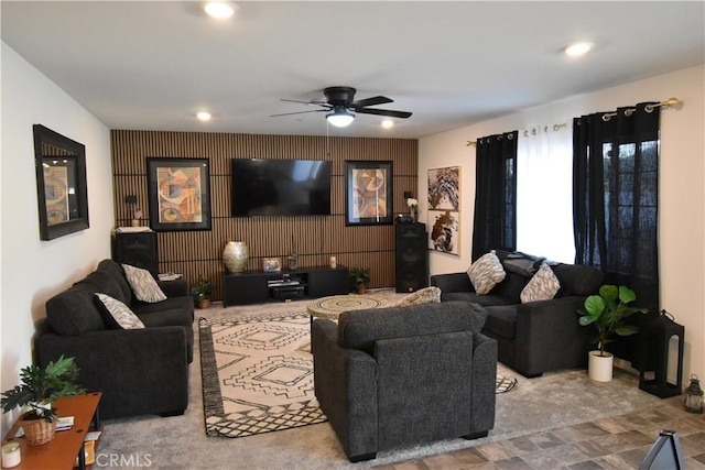 5280 Coyote St, Hemet, CA 92545 - living area featuring ceiling fan, an accent wall, and recessed lighting