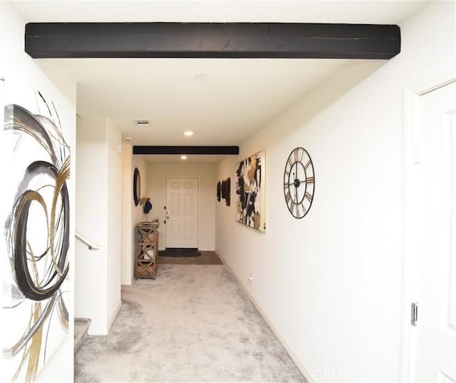 5280 Coyote St, Hemet, CA 92545 - corridor featuring light colored carpet, beamed ceiling, and recessed lighting