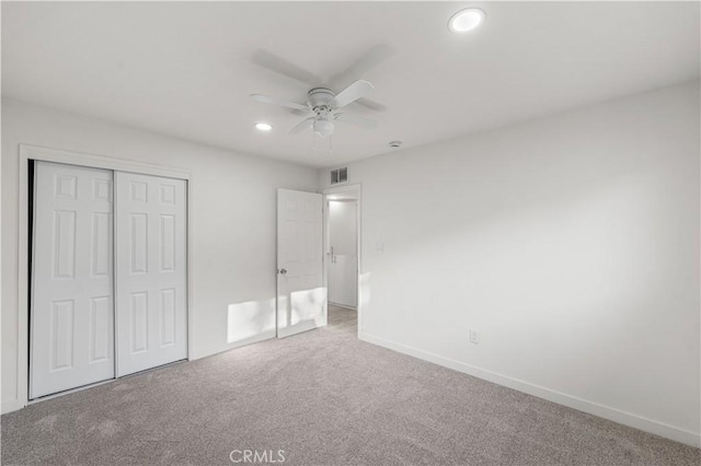 1534 Richfield Ave, Rosamond, CA 93560 - unfurnished bedroom featuring carpet flooring, a closet, recessed lighting, and a ceiling fan