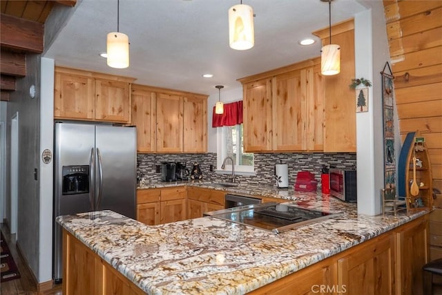 52926 Balsam Dr, Oakhurst, CA 93644 - kitchen with stainless steel fridge with ice dispenser, backsplash, a peninsula, light stone countertops, and decorative light fixtures