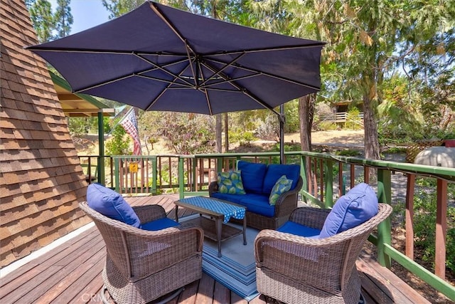 52926 Balsam Dr, Oakhurst, CA 93644 - wooden terrace featuring an outdoor living space