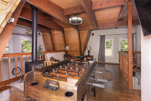 52926 Balsam Dr, Oakhurst, CA 93644 - rec room with wooden ceiling, hardwood / wood-style flooring, and a wood stove
