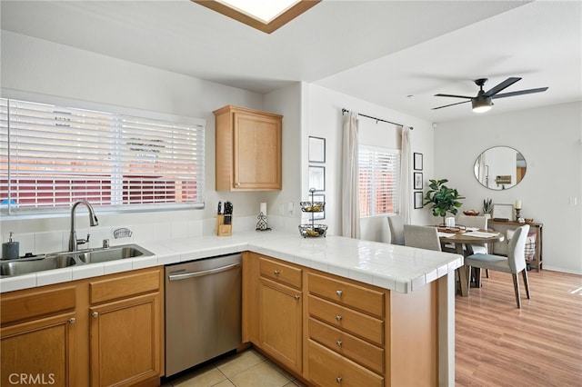 8554 Burnet Ave Unit 144, North Hills, CA 91343 - kitchen with stainless steel dishwasher, a ceiling fan, a peninsula, and light wood finished floors