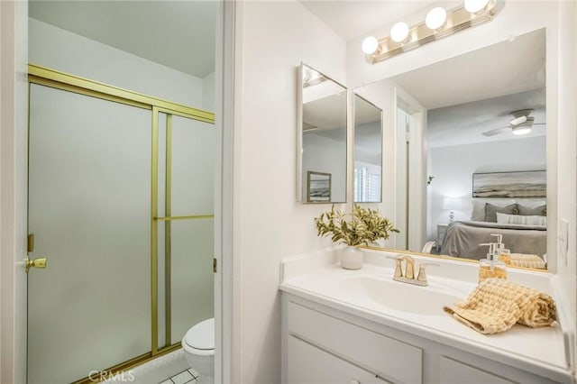 939 W Pine St Unit 44/D, Upland, CA 91786 - bathroom featuring ensuite bath, a shower stall, vanity, ceiling fan, and tile patterned floors