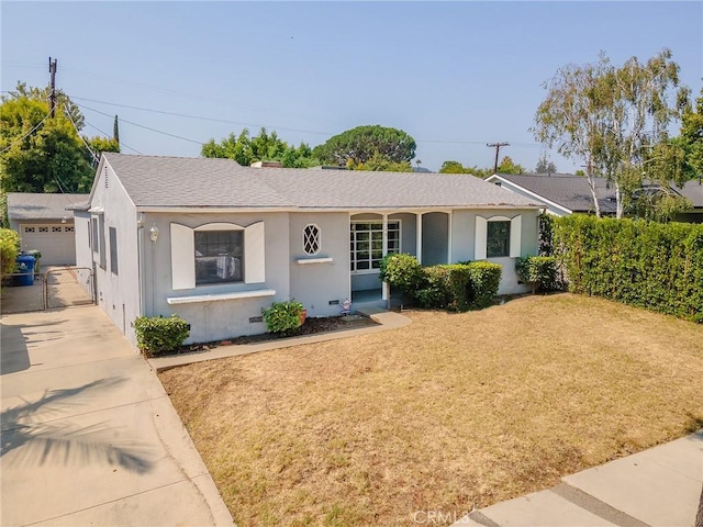 10348 Woodbridge St, Toluca Lake, CA 91602 - ranch-style house with stucco siding, a front yard, roof with shingles, an outbuilding, and a gate
