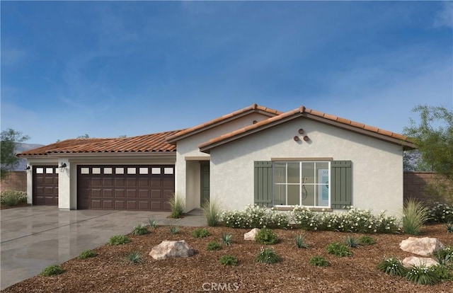 844 Thunder Trl, San Jacinto, CA 92582 - mediterranean / spanish house featuring a garage, stucco siding, concrete driveway, and a tile roof