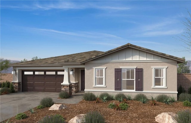 1656 Westfork Way, San Jacinto, CA 92582 - view of front of house featuring a garage, board and batten siding, driveway, stone siding, and stucco siding