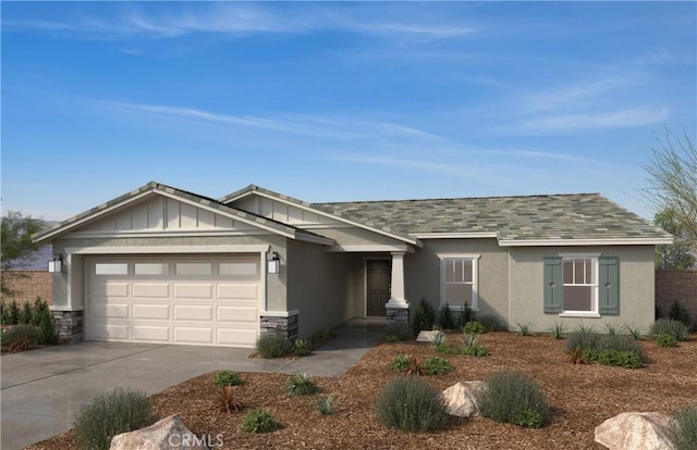 1645 Westfork Way, San Jacinto, CA 92582 - view of front of house with an attached garage, stone siding, driveway, a shingled roof, and stucco siding