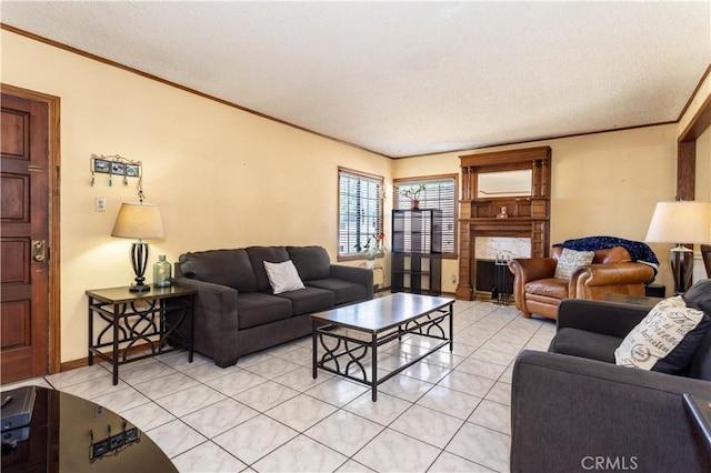 16533 Nordhoff St, North Hills, CA 91343 - living room with crown molding, light tile patterned flooring, a high end fireplace, and a textured ceiling