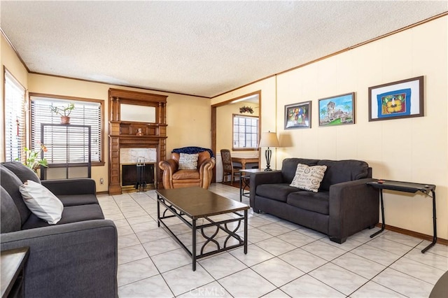 16533 Nordhoff St, North Hills, CA 91343 - living room with a textured ceiling, a premium fireplace, and crown molding