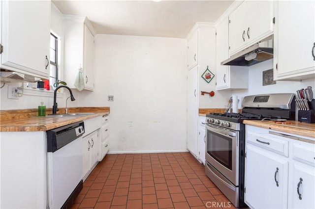 16533 Nordhoff St, North Hills, CA 91343 - kitchen with stainless steel range with gas cooktop, under cabinet range hood, dishwasher, white cabinetry, and light countertops