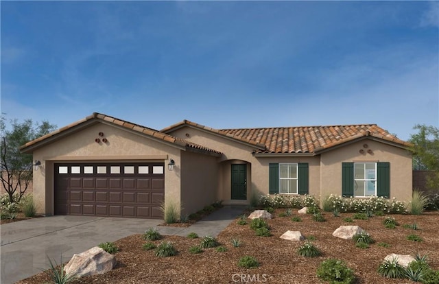 1077 Runaway Trl, San Jacinto, CA 92582 - mediterranean / spanish home featuring a garage, stucco siding, concrete driveway, and a tile roof