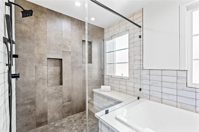 6204 Oak Ave, Temple City, CA 91780 - full bath featuring a stall shower, a bath, tile walls, and recessed lighting