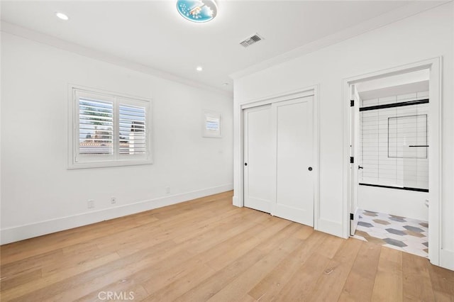 6204 Oak Ave, Temple City, CA 91780 - unfurnished bedroom with crown molding, light wood finished floors, ensuite bath, a closet, and recessed lighting
