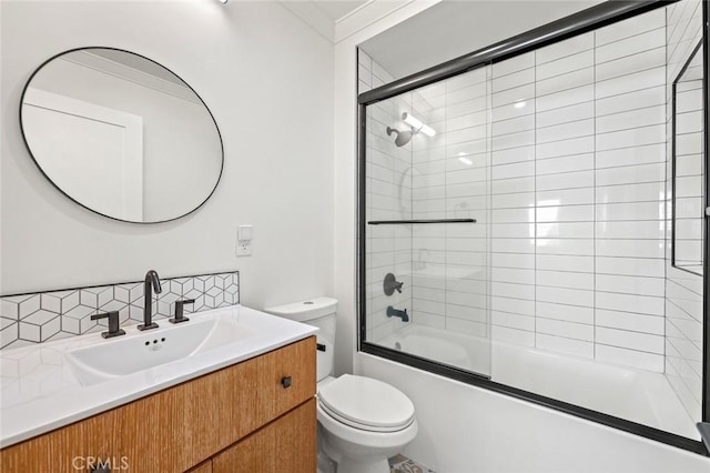 6204 Oak Ave, Temple City, CA 91780 - bathroom with vanity, bath / shower combo with glass door, backsplash, and crown molding
