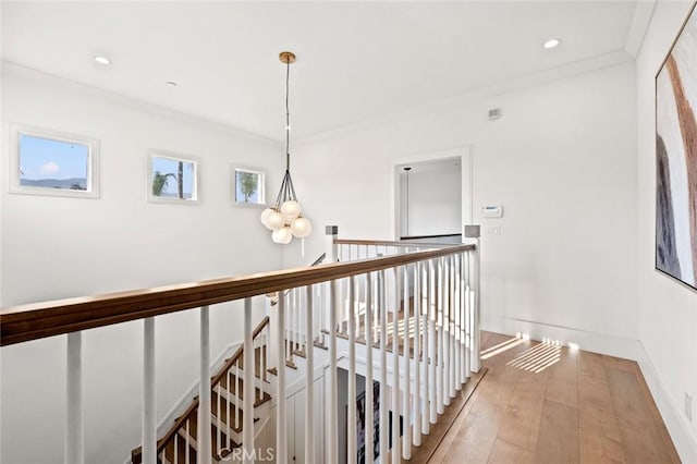 6204 Oak Ave, Temple City, CA 91780 - hall featuring hardwood / wood-style flooring, crown molding, an upstairs landing, and recessed lighting