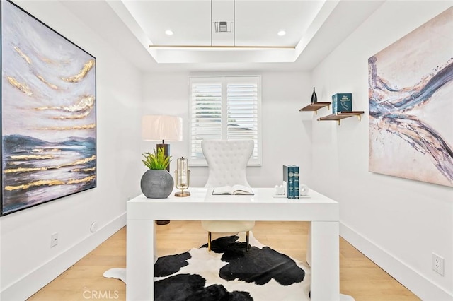 6204 Oak Ave, Temple City, CA 91780 - office area featuring light wood-type flooring, a raised ceiling, and recessed lighting