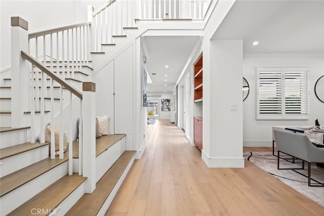 6204 Oak Ave, Temple City, CA 91780 - foyer with light wood-style floors, stairway, and recessed lighting