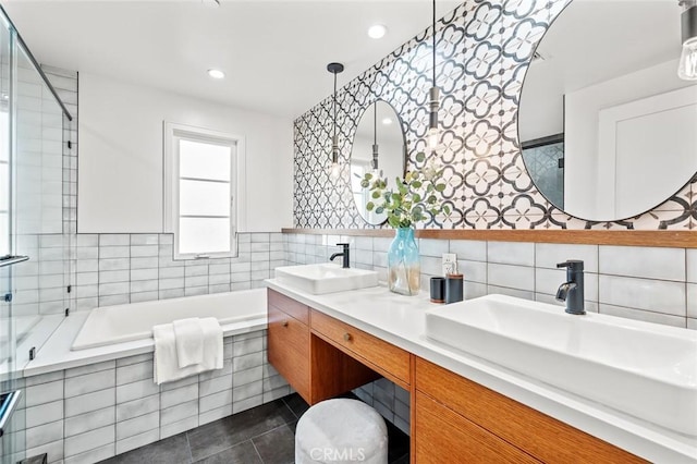 6204 Oak Ave, Temple City, CA 91780 - bathroom with tile walls, a garden tub, double vanity, tile patterned flooring, and tiled shower