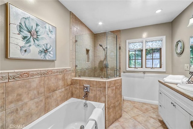 1310 Santa Margarita Dr, Arcadia, CA 91006 - full bathroom with a bath, vanity, tiled shower, tile patterned flooring, and a wainscoted wall