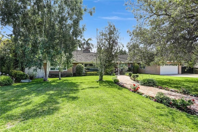 1310 Santa Margarita Dr, Arcadia, CA 91006 - view of front of home featuring a front lawn, concrete driveway, stucco siding, an attached garage, and a chimney