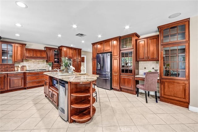 1310 Santa Margarita Dr, Arcadia, CA 91006 - kitchen featuring open shelves, backsplash, light tile patterned flooring, stainless steel appliances, and recessed lighting