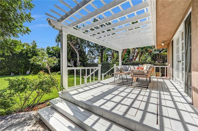 1310 Santa Margarita Dr, Arcadia, CA 91006 - wooden deck with outdoor lounge area, a pergola, french doors, and view of wooded area