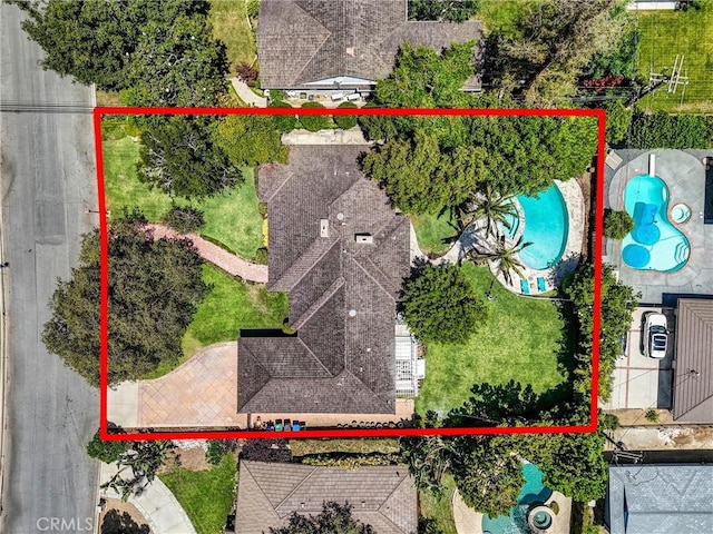 1310 Santa Margarita Dr, Arcadia, CA 91006 - aerial view of property and surrounding area with a pool area and property boundaries highlighted