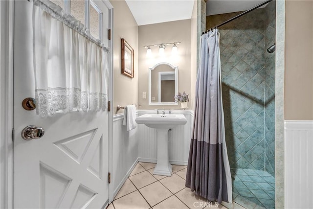 1310 Santa Margarita Dr, Arcadia, CA 91006 - full bathroom featuring tile patterned flooring, tiled shower, and wainscoting