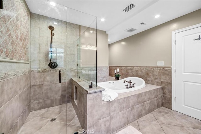 1310 Santa Margarita Dr, Arcadia, CA 91006 - bathroom with tile patterned floors, tile walls, a shower stall, a bath, and recessed lighting
