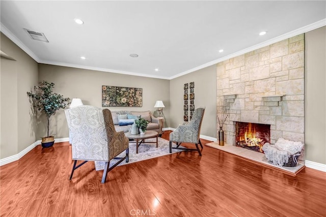 1310 Santa Margarita Dr, Arcadia, CA 91006 - living area with wood finished floors, crown molding, recessed lighting, and a fireplace