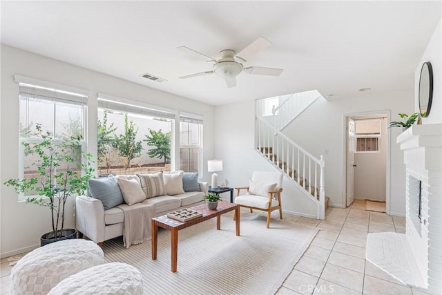 391 Franciscan Way, Oceanside, CA 92057 - living room with stairway, a ceiling fan, and light tile patterned floors