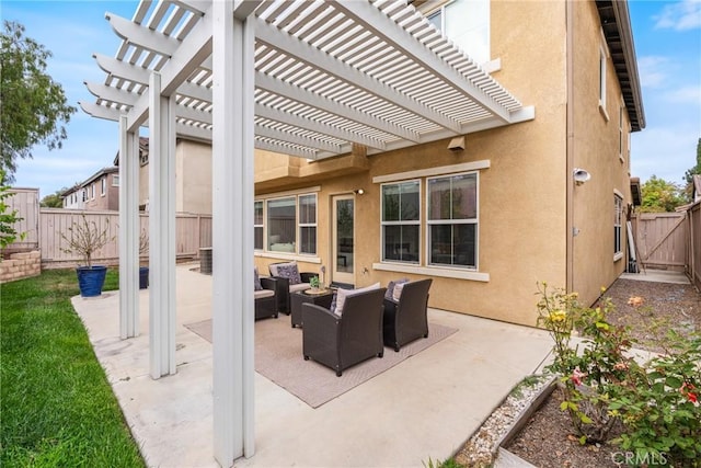 391 Franciscan Way, Oceanside, CA 92057 - fenced backyard with an outdoor hangout area, a patio area, a gate, and a pergola