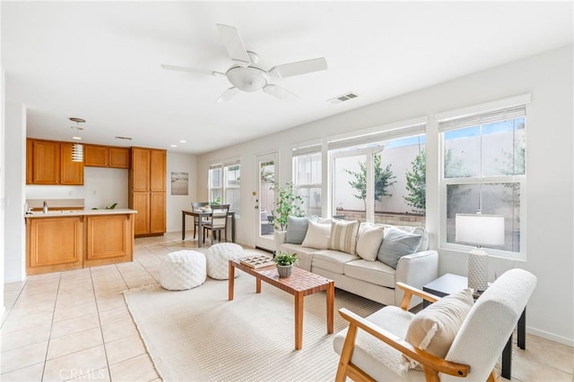 391 Franciscan Way, Oceanside, CA 92057 - living room with light tile patterned floors, ceiling fan, and recessed lighting
