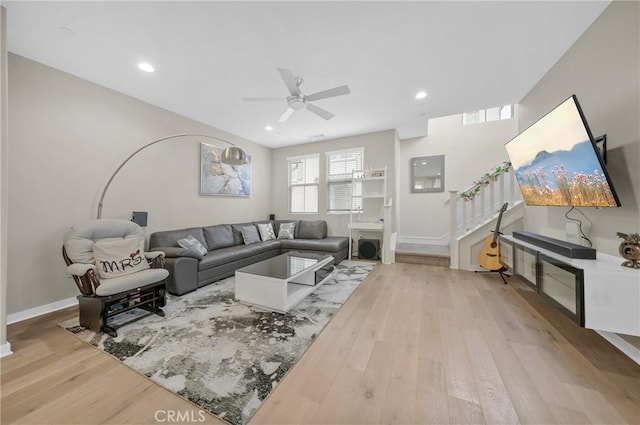 20950 Cornerstone Dr, Walnut, CA 91789 - living area with light wood-style flooring, a ceiling fan, stairs, and recessed lighting