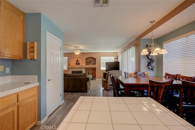 1166 Labrador Ct, Newman, CA 95360 - dining space featuring wood finished floors, a fireplace, a ceiling fan, and a chandelier