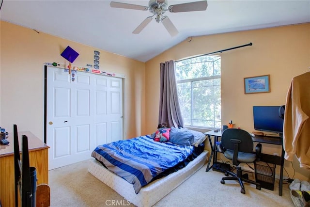 1166 Labrador Ct, Newman, CA 95360 - bedroom with carpet flooring, vaulted ceiling, a closet, a desk, and a ceiling fan