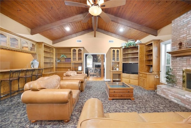 8905 Saint Cloud Ln, Bakersfield, CA 93311 - living room featuring a fireplace, carpet, a ceiling fan, and wood ceiling