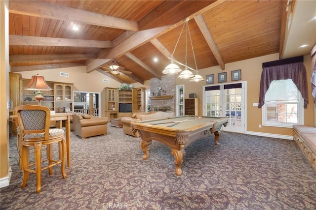 8905 Saint Cloud Ln, Bakersfield, CA 93311 - rec room with a wood ceiling with exposed beams, carpet floors, a fireplace, ceiling fan, and billiards table