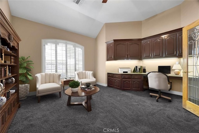 8905 Saint Cloud Ln, Bakersfield, CA 93311 - office area with dark carpet, vaulted ceiling, built in study area, and ceiling fan