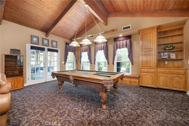 8905 Saint Cloud Ln, Bakersfield, CA 93311 - rec room with carpet flooring, french doors, billiards table, wood ceiling, and plenty of natural light