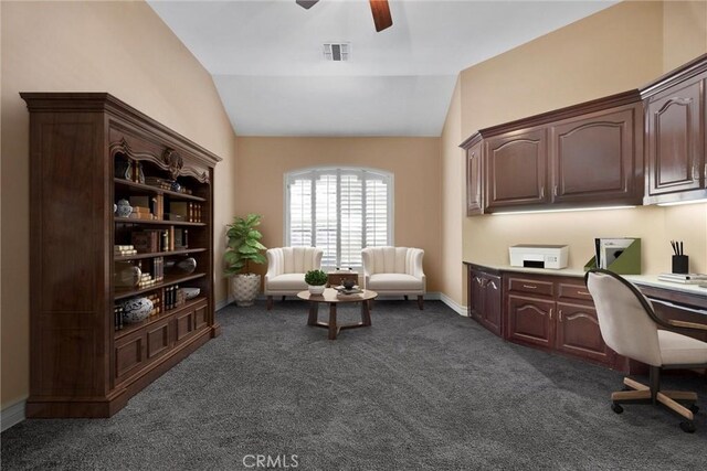 8905 Saint Cloud Ln, Bakersfield, CA 93311 - office space featuring dark carpet, a ceiling fan, and vaulted ceiling