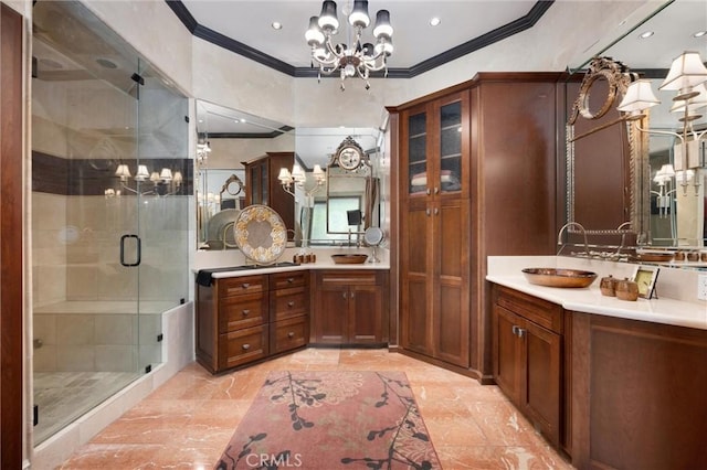 8905 Saint Cloud Ln, Bakersfield, CA 93311 - full bathroom with ornamental molding, a chandelier, a shower stall, vanity, and recessed lighting